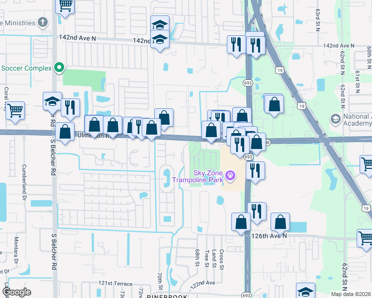 map of restaurants, bars, coffee shops, grocery stores, and more near 6980 Ulmerton Road in Largo