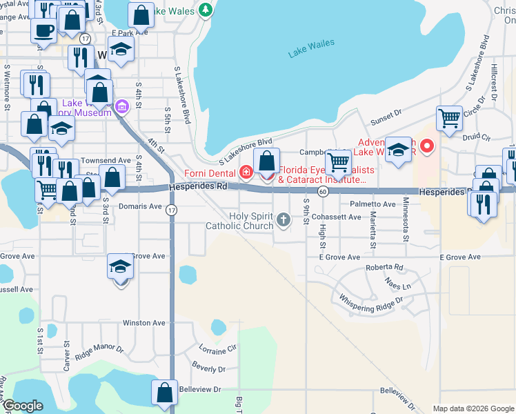 map of restaurants, bars, coffee shops, grocery stores, and more near 734 Cohassett Avenue in Lake Wales