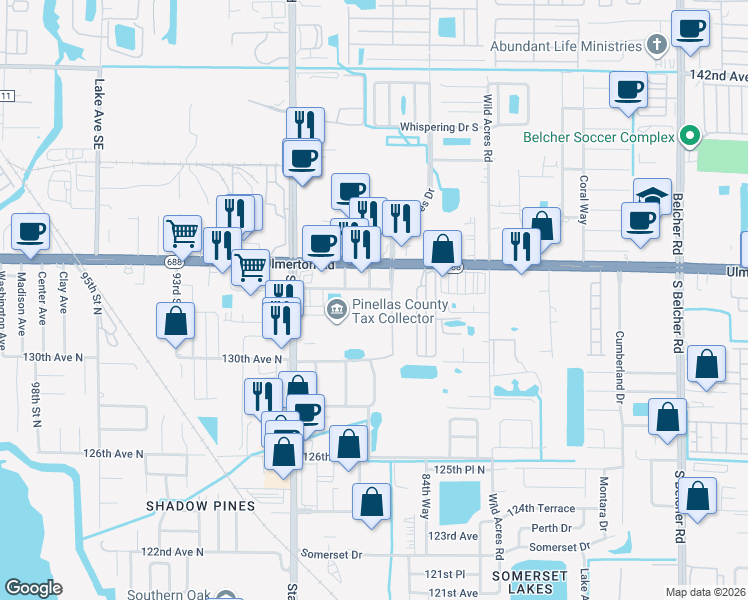 map of restaurants, bars, coffee shops, grocery stores, and more near 12687-12989 Tall Pines Drive in Largo
