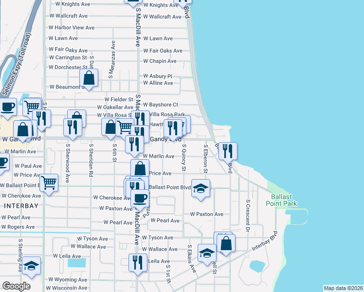 map of restaurants, bars, coffee shops, grocery stores, and more near 2815 West Marlin Avenue in Tampa