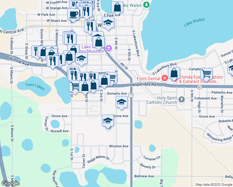 map of restaurants, bars, coffee shops, grocery stores, and more near 411 Emerald Avenue in Lake Wales