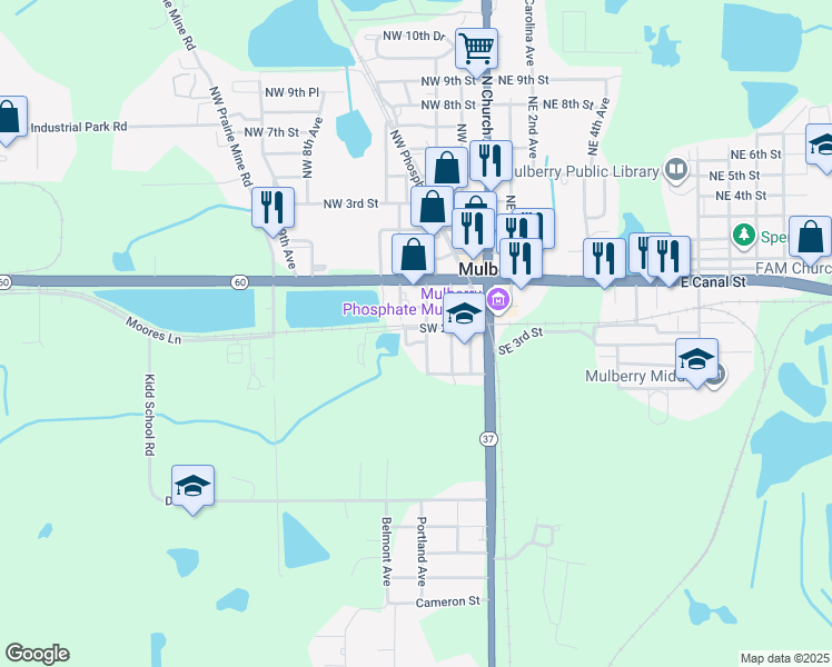 map of restaurants, bars, coffee shops, grocery stores, and more near 309 Southwest 3rd Terrace in Mulberry