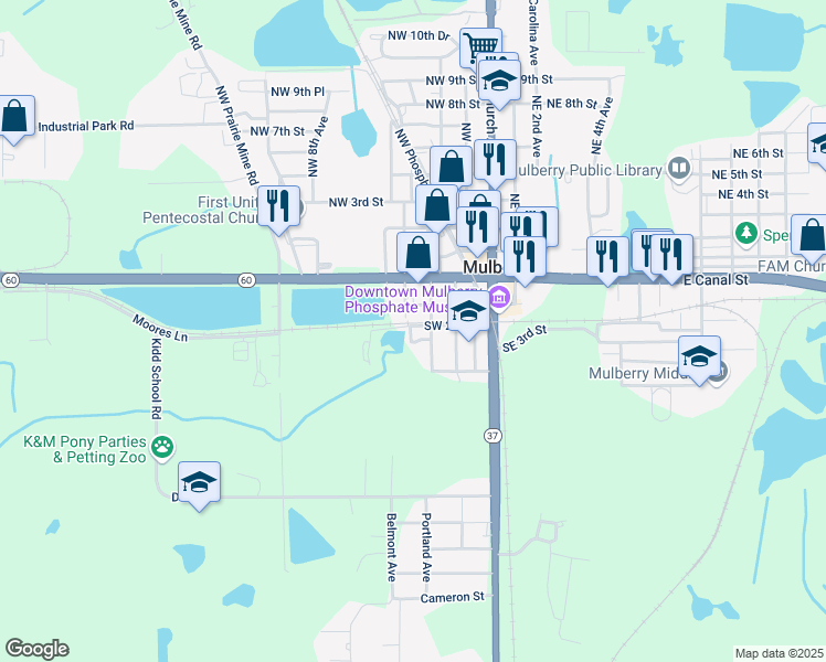map of restaurants, bars, coffee shops, grocery stores, and more near 309 Southwest 3rd Terrace in Mulberry