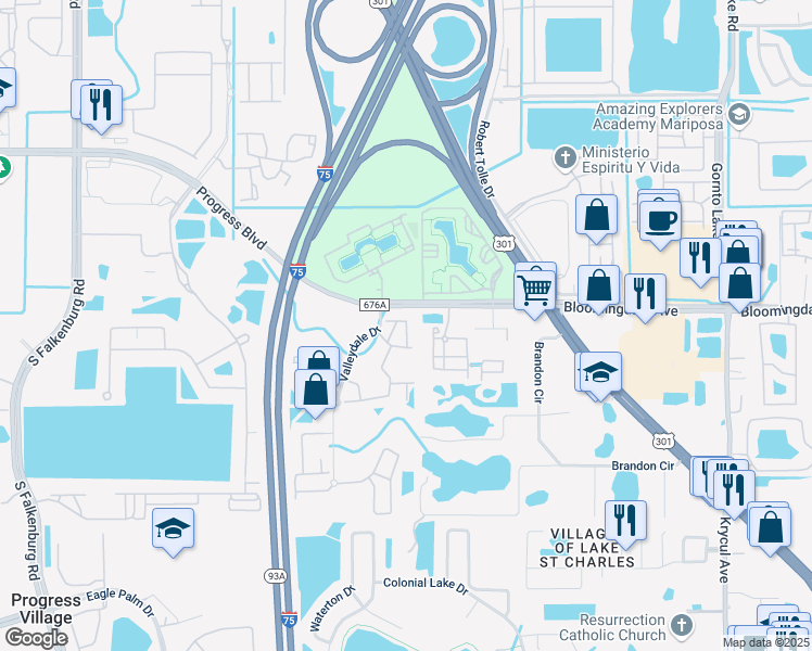 map of restaurants, bars, coffee shops, grocery stores, and more near 6104 Olivedale Drive in Riverview
