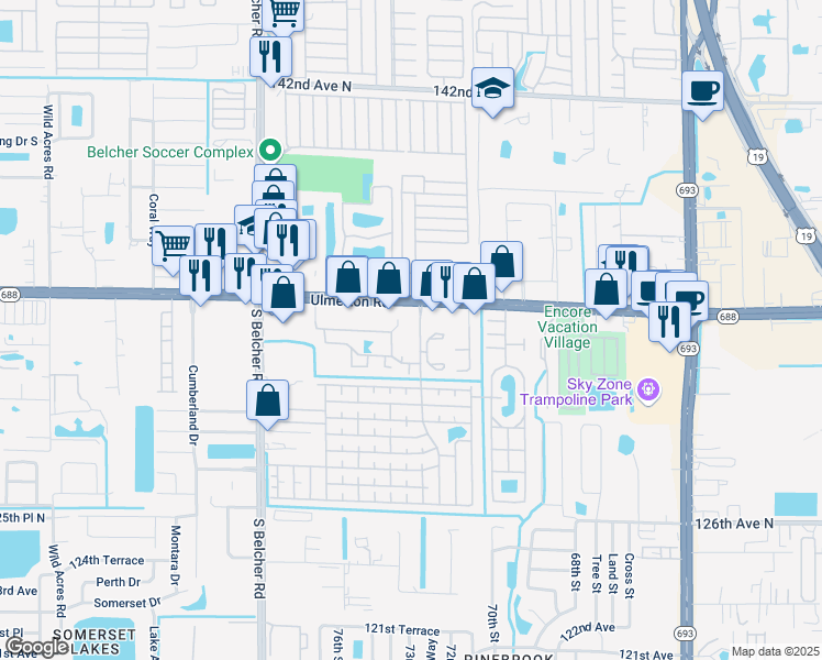 map of restaurants, bars, coffee shops, grocery stores, and more near 7380 Ulmerton Road in Largo
