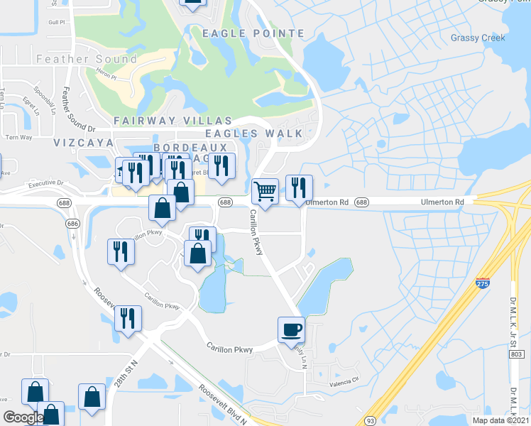 map of restaurants, bars, coffee shops, grocery stores, and more near 120 Carillon Parkway in Saint Petersburg