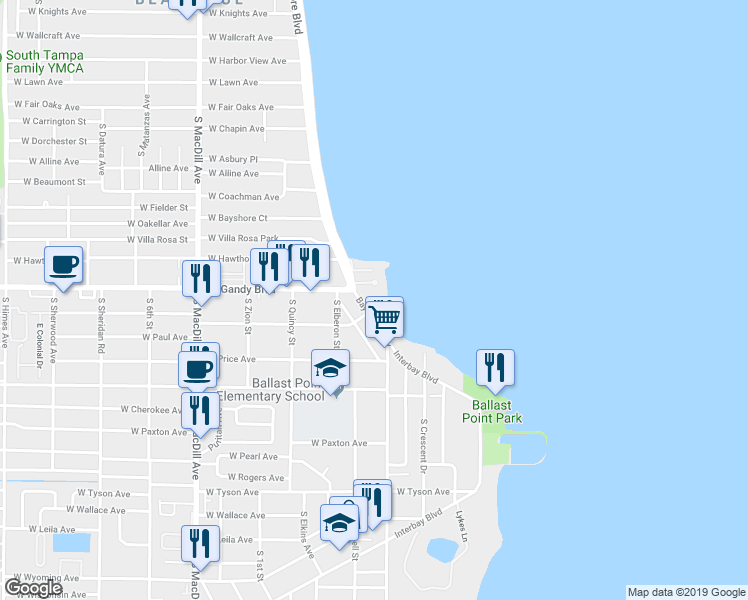 map of restaurants, bars, coffee shops, grocery stores, and more near 4937 Bayshore Boulevard in Tampa