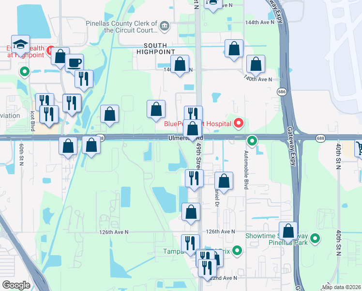 map of restaurants, bars, coffee shops, grocery stores, and more near 5050 Ulmerton Road in Clearwater