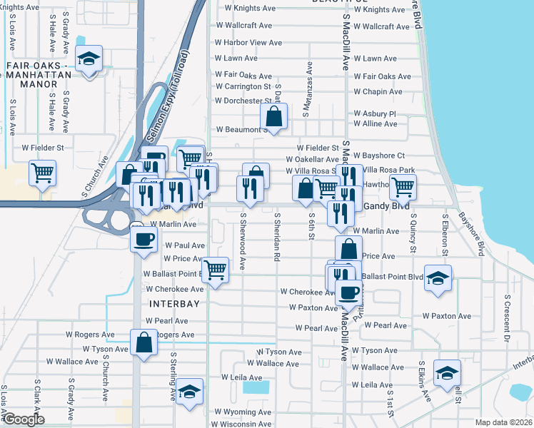 map of restaurants, bars, coffee shops, grocery stores, and more near 3320 Las Campos Place in Tampa