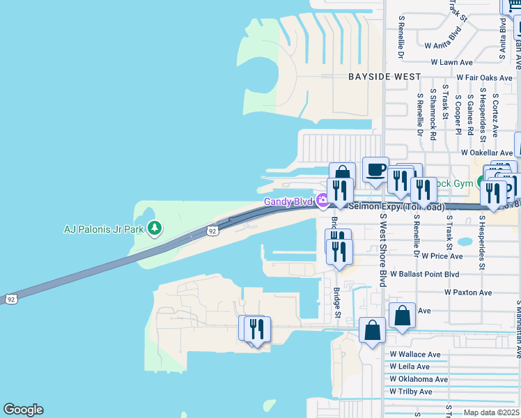 map of restaurants, bars, coffee shops, grocery stores, and more near 5151 West Gandy Boulevard in Tampa