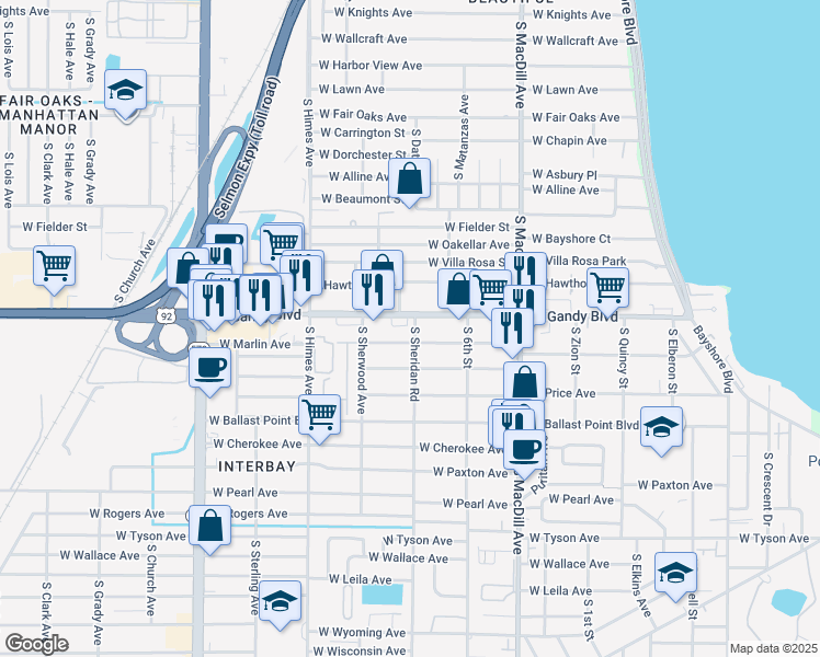 map of restaurants, bars, coffee shops, grocery stores, and more near 3306 West Marlin Avenue in Tampa