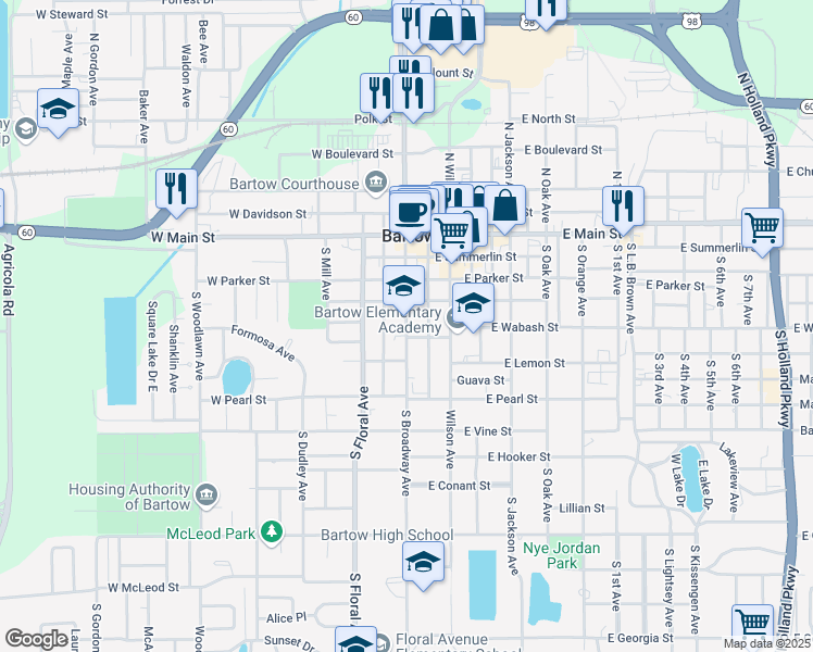 map of restaurants, bars, coffee shops, grocery stores, and more near 1100 South Broadway Avenue in Bartow