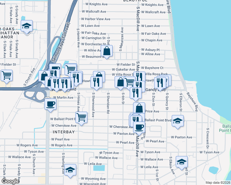map of restaurants, bars, coffee shops, grocery stores, and more near 3214 West Gandy Boulevard in Tampa