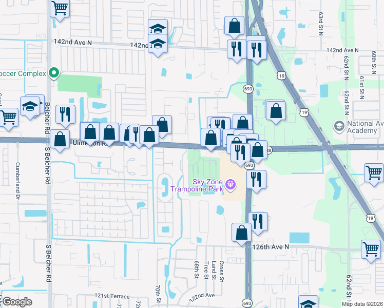 map of restaurants, bars, coffee shops, grocery stores, and more near 6915 Ulmerton Road in Largo