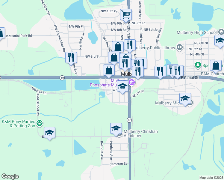map of restaurants, bars, coffee shops, grocery stores, and more near 402 1st Avenue Northwest in Mulberry
