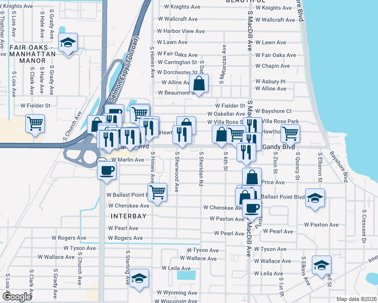 map of restaurants, bars, coffee shops, grocery stores, and more near 3301 West Gandy Boulevard in Tampa