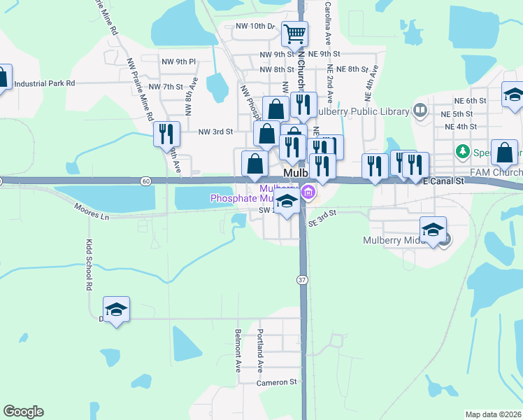 map of restaurants, bars, coffee shops, grocery stores, and more near 402 1st Avenue Northwest in Mulberry