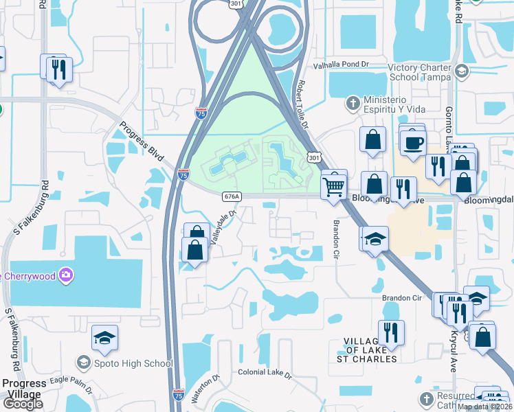 map of restaurants, bars, coffee shops, grocery stores, and more near 5521 Legacy Crescent Place in Riverview