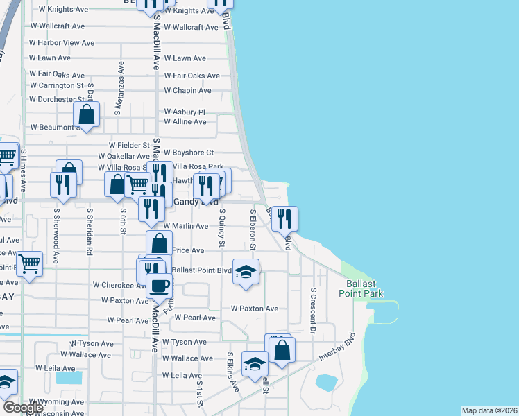 map of restaurants, bars, coffee shops, grocery stores, and more near in Tampa