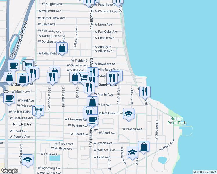 map of restaurants, bars, coffee shops, grocery stores, and more near 2913 West Gandy Boulevard in Tampa