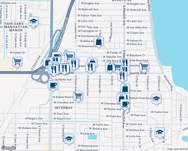 map of restaurants, bars, coffee shops, grocery stores, and more near 3301 West Gandy Boulevard in Tampa
