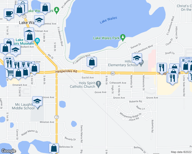map of restaurants, bars, coffee shops, grocery stores, and more near 811 Hesperides Road in Lake Wales