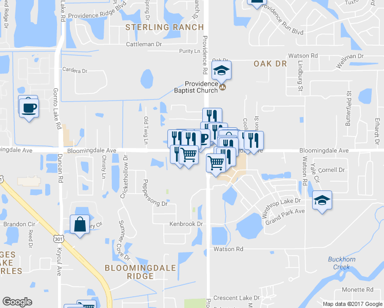 map of restaurants, bars, coffee shops, grocery stores, and more near 11098 Bloomingdale Ave in Riverview