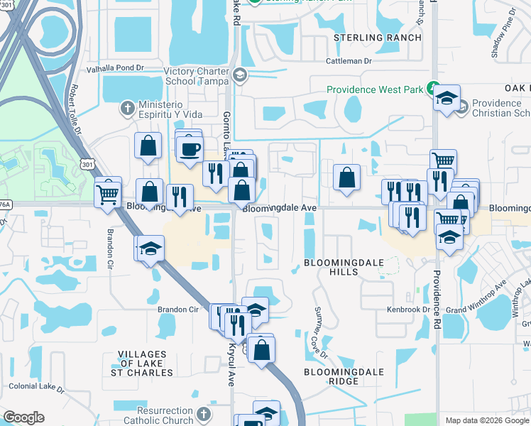 map of restaurants, bars, coffee shops, grocery stores, and more near 6017 Osprey Lake Circle in Riverview
