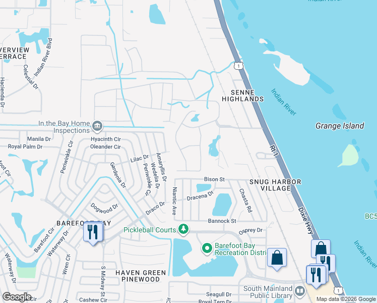 map of restaurants, bars, coffee shops, grocery stores, and more near 5353 Senne Road in Micco