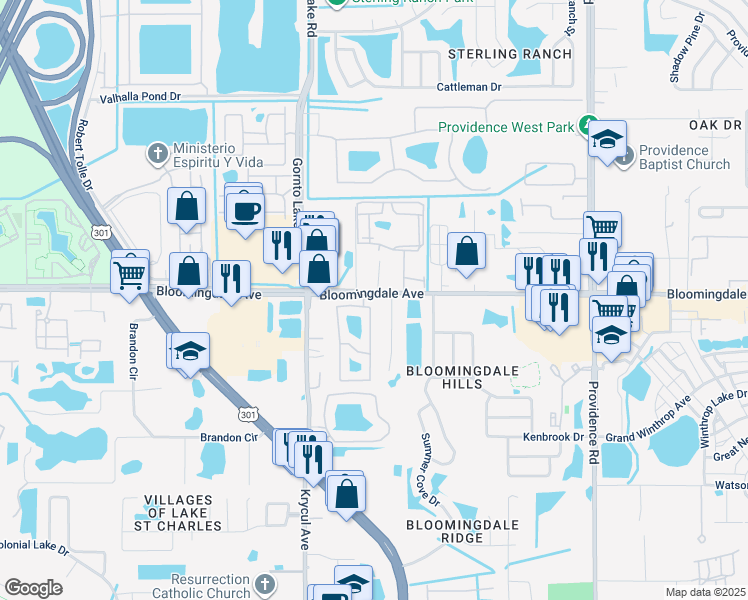 map of restaurants, bars, coffee shops, grocery stores, and more near 6607 Osprey Lake Circle in Riverview
