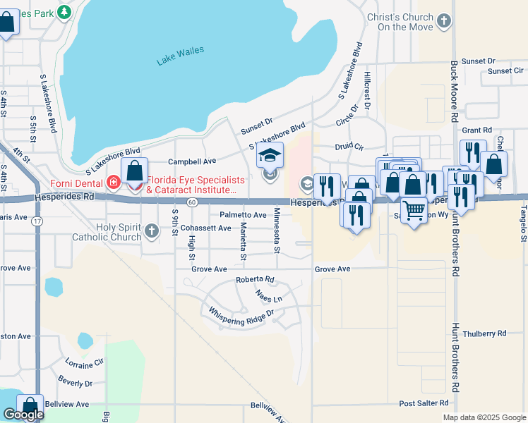 map of restaurants, bars, coffee shops, grocery stores, and more near 1064 Hesperides Road in Lake Wales