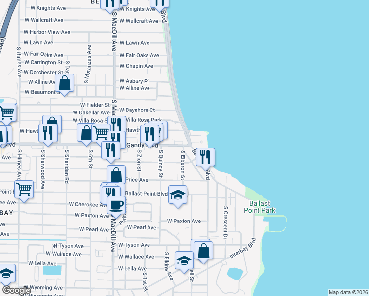 map of restaurants, bars, coffee shops, grocery stores, and more near in Tampa