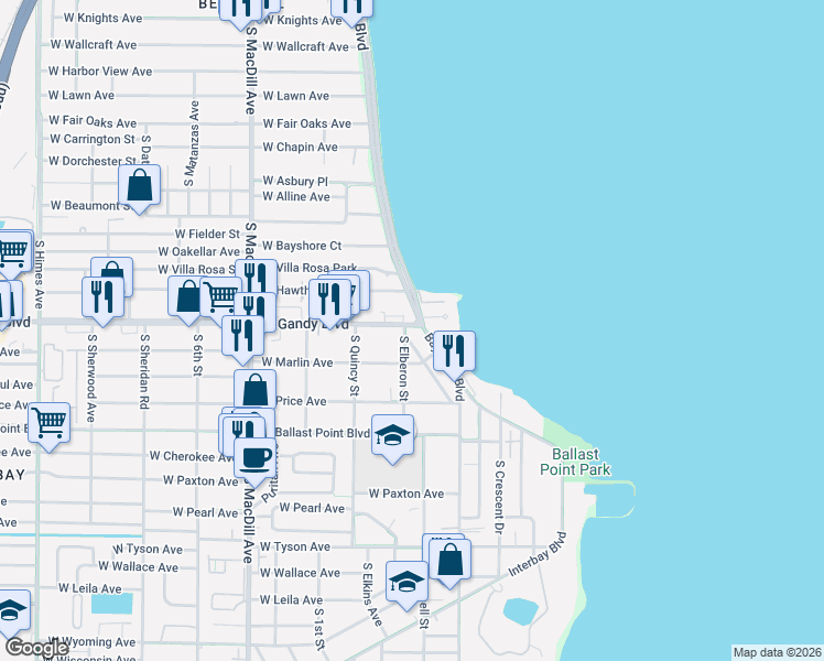 map of restaurants, bars, coffee shops, grocery stores, and more near 4907 Bayshore Boulevard in Tampa