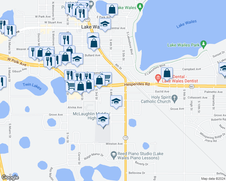 map of restaurants, bars, coffee shops, grocery stores, and more near 401 Domaris Avenue in Lake Wales