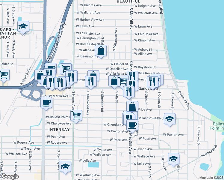map of restaurants, bars, coffee shops, grocery stores, and more near 3208 West Gandy Boulevard in Tampa