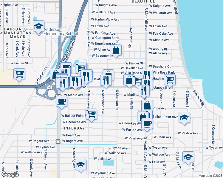 map of restaurants, bars, coffee shops, grocery stores, and more near 3301 West Gandy Boulevard in Tampa