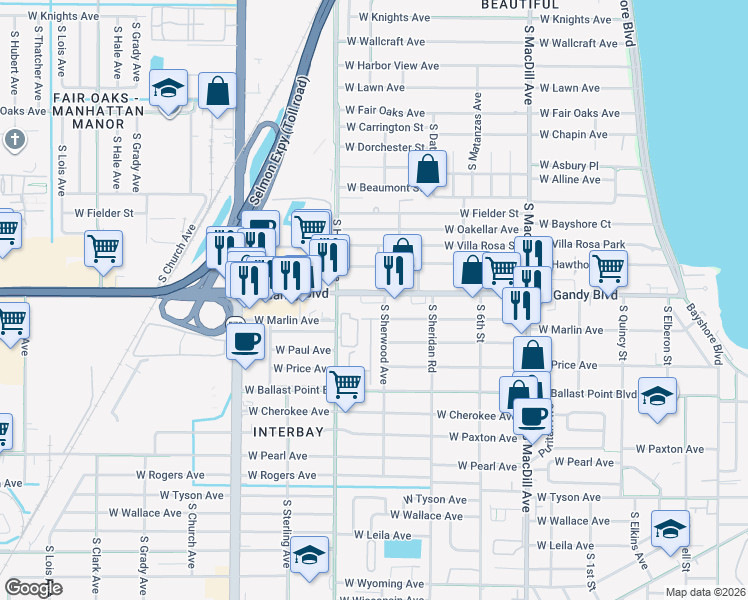 map of restaurants, bars, coffee shops, grocery stores, and more near 3409 Sondrio Circle in Tampa