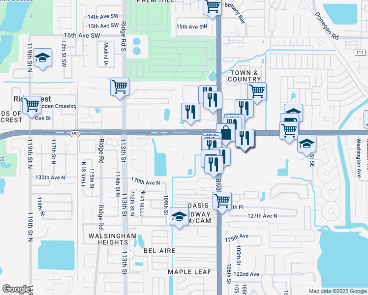 map of restaurants, bars, coffee shops, grocery stores, and more near 10750 Ulmerton Road in Largo