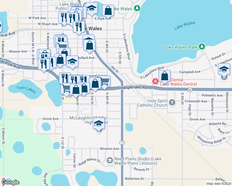 map of restaurants, bars, coffee shops, grocery stores, and more near 500 South Scenic Highway in Lake Wales