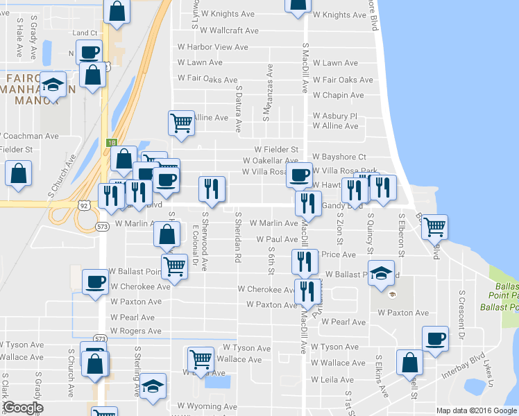 map of restaurants, bars, coffee shops, grocery stores, and more near 4809 South Mound Avenue in Tampa