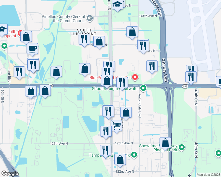 map of restaurants, bars, coffee shops, grocery stores, and more near 13544 49th Street North in Clearwater