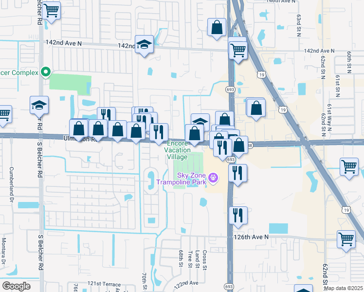 map of restaurants, bars, coffee shops, grocery stores, and more near 6890 Ulmerton Road in Largo