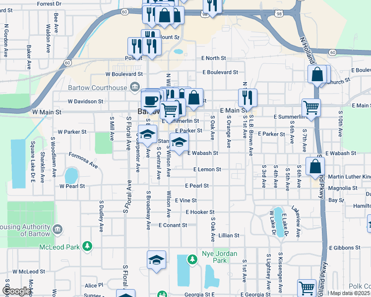 map of restaurants, bars, coffee shops, grocery stores, and more near 485 East Stanford Street in Bartow