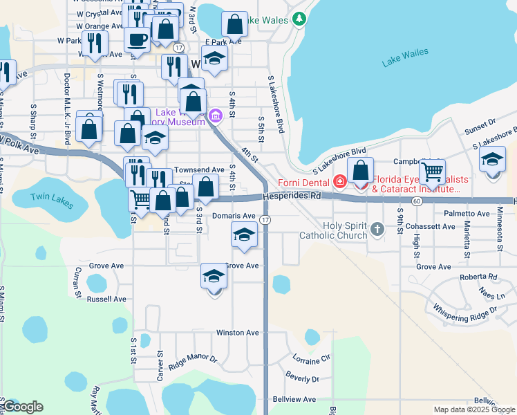 map of restaurants, bars, coffee shops, grocery stores, and more near 500 South Scenic Highway in Lake Wales