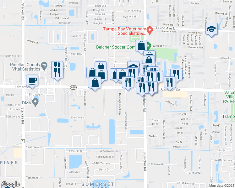 map of restaurants, bars, coffee shops, grocery stores, and more near 8046 Ulmerton Road in Largo