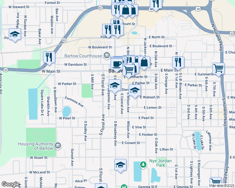 map of restaurants, bars, coffee shops, grocery stores, and more near 410 South Broadway Avenue in Bartow