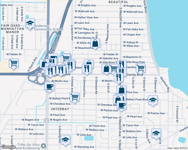 map of restaurants, bars, coffee shops, grocery stores, and more near 3301 West Gandy Boulevard in Tampa