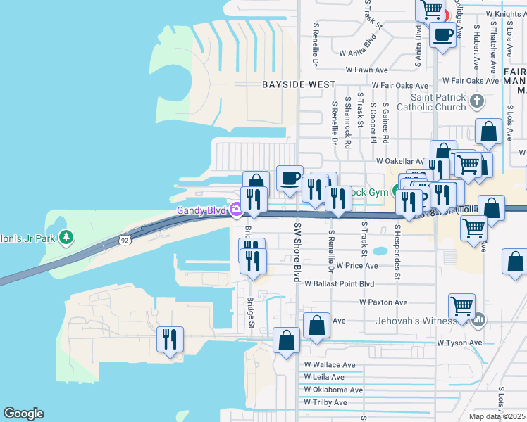 map of restaurants, bars, coffee shops, grocery stores, and more near 4811 West Gandy Boulevard in Tampa