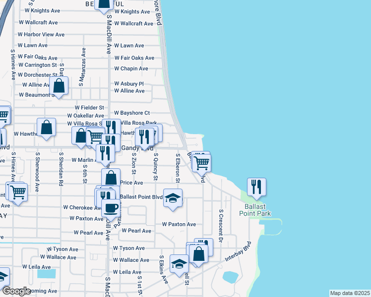 map of restaurants, bars, coffee shops, grocery stores, and more near W Gandy Blvd & Bayshore Blvd in Tampa