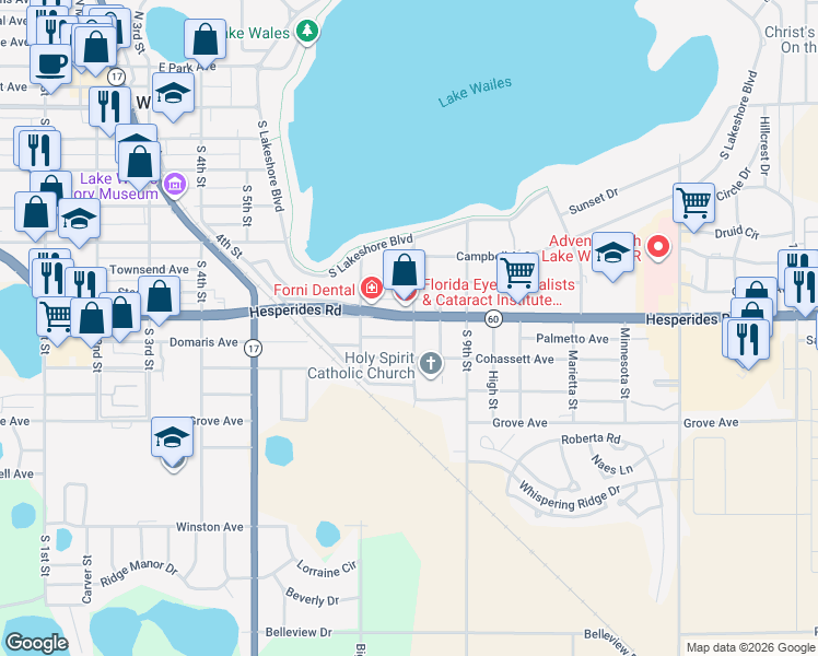 map of restaurants, bars, coffee shops, grocery stores, and more near 732 Hesperides Road in Lake Wales